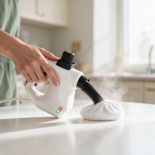 Bonnettes microfibre Vaporio en usage sur le nettoyeur vapeur