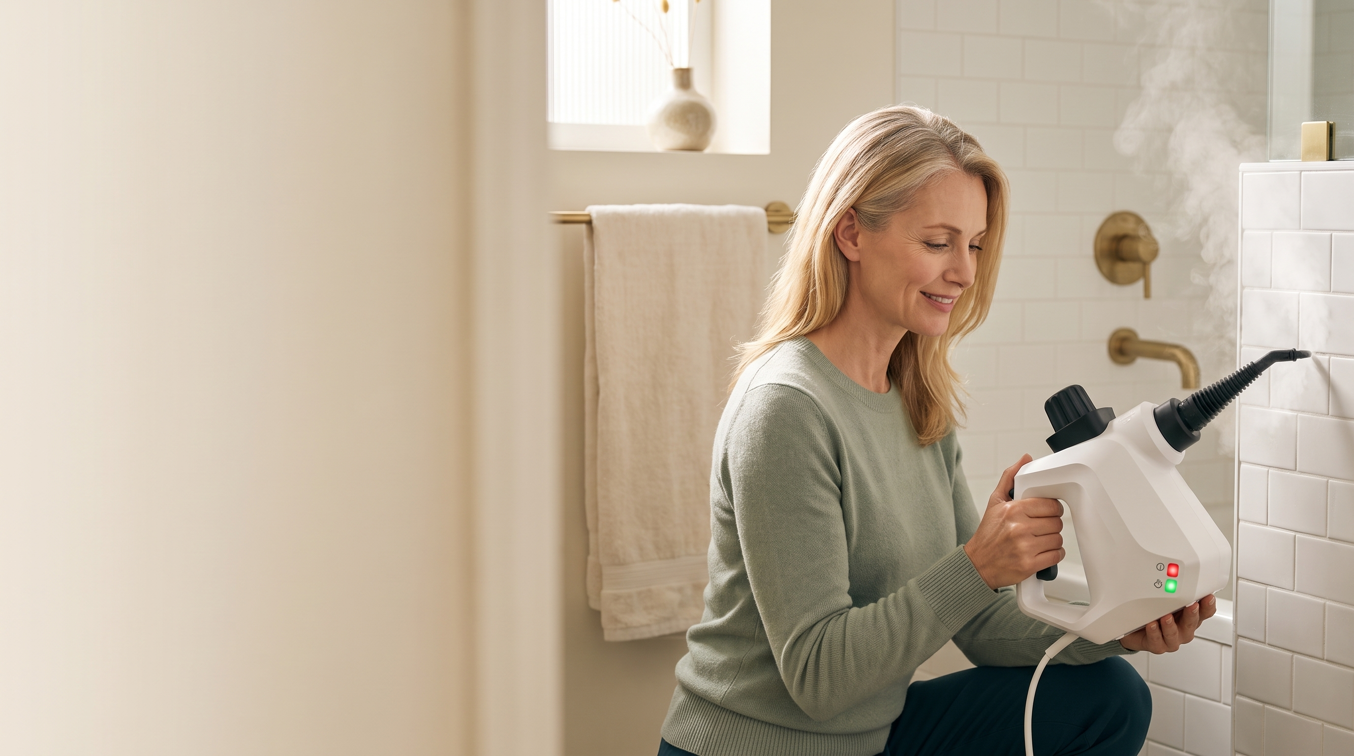Nettoyage des joints de salle de bain à la vapeur avec Vaporio Néo